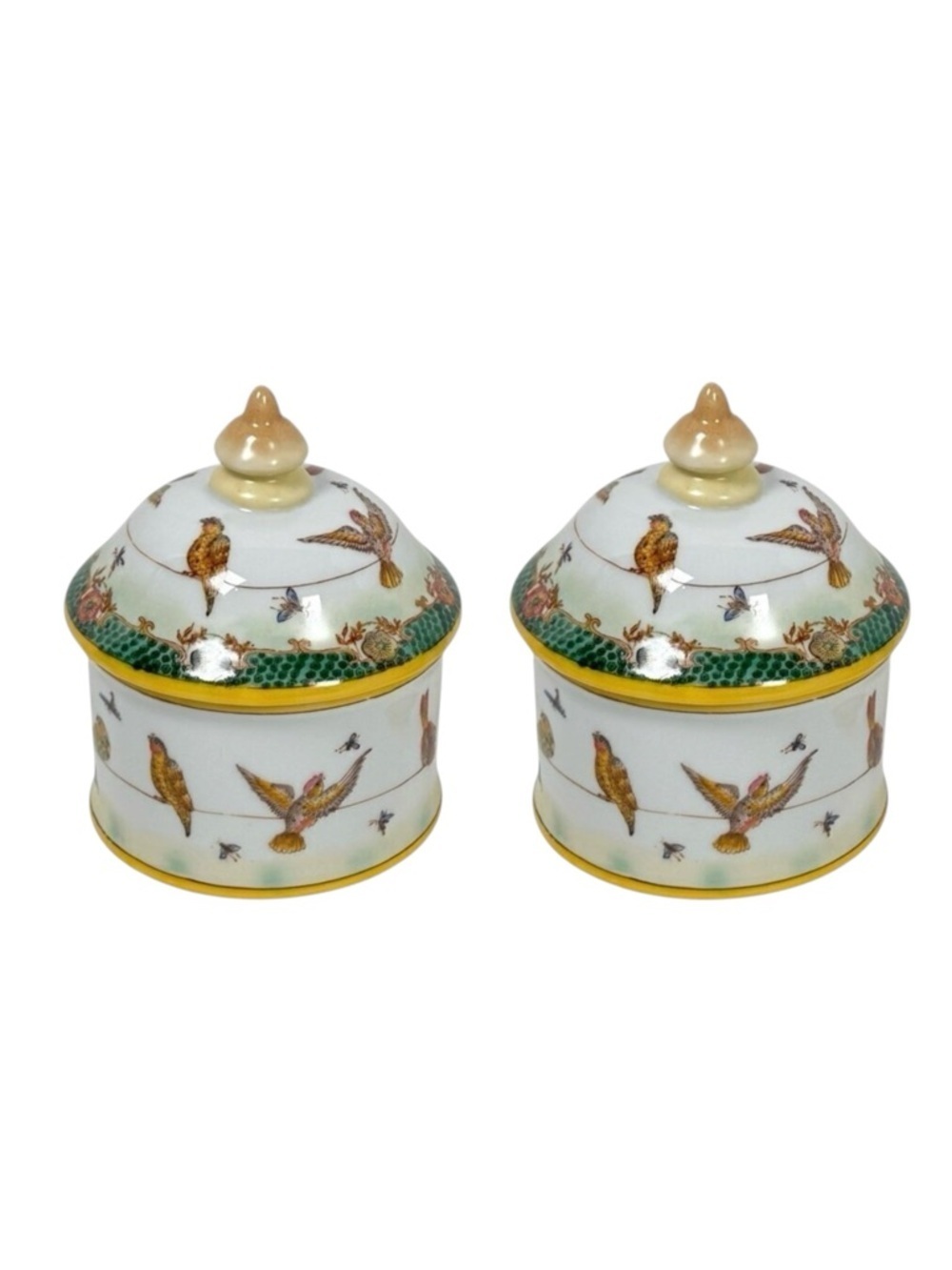VTG Ceramic Hand Painted Lidded Jar Set Dish Asiatides Mark Chinese Birds 2PCs